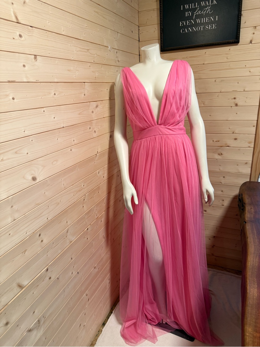 Windsor Hot Pink Plunging V-Neck Tulle Maxi Dress